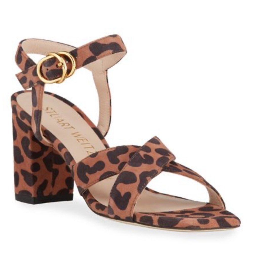 Stuart Weitzman Analeigh 75 Leopard print sandals.